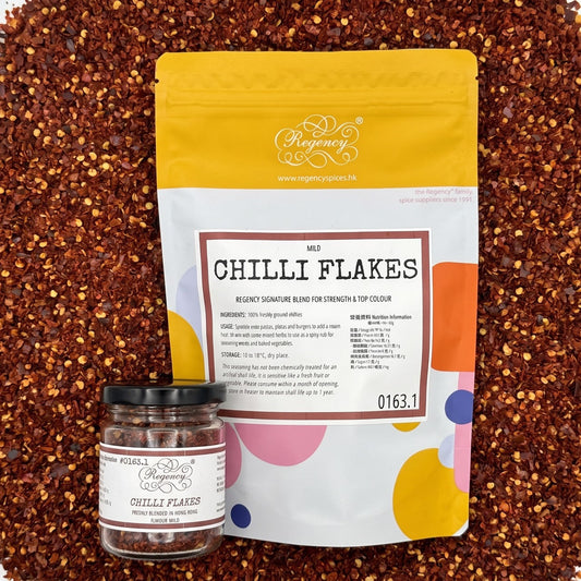 Chilli Flakes Regency packaging on bed of chilli flakes