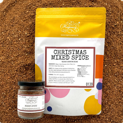 Christmas Mixed Spice Regency packaging on bed of christmas mixed spice