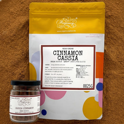 Cinnamon sticks (Cassia) Powder Regency packaging on bed of cinnamon sticks powder