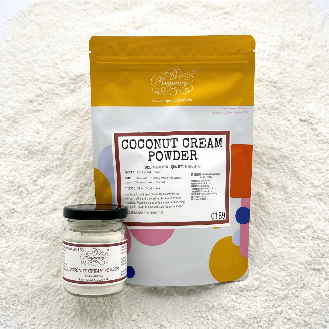 Coconut Cream Powder Regency packaging on bed of coconut cream powder