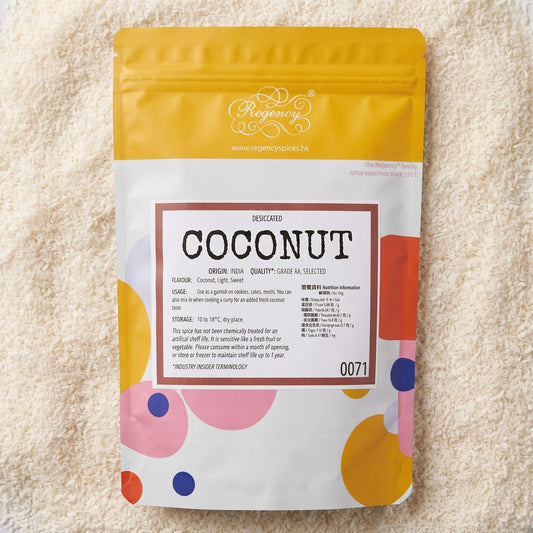 Coconut (Desiccated) Regency packaging on bed of coconut