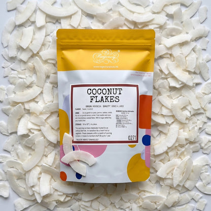 Coconut Flakes packet on bed of coconut flakes
