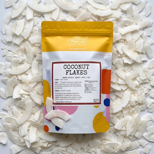 Coconut Flakes packet on bed of coconut flakes