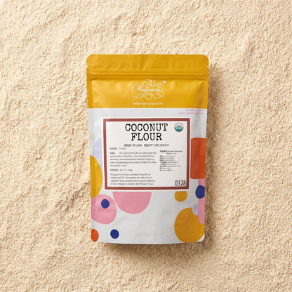Coconut Flour (Organic) Regency packaging on bed of coconut flour