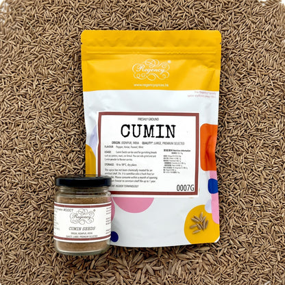 Cumin Seeds packet on bed of cumin seeds