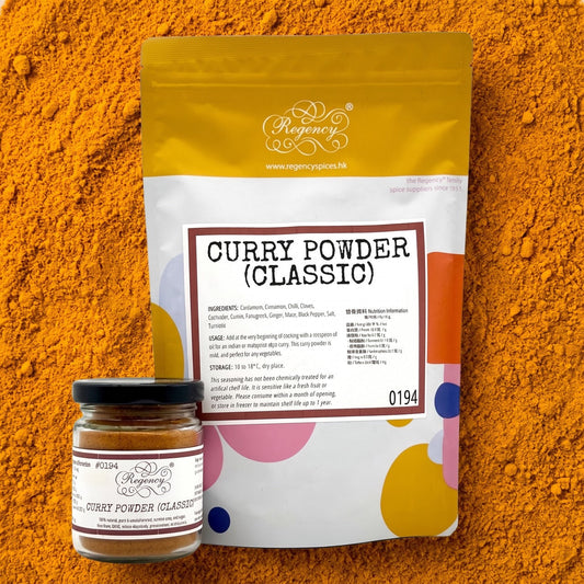Curry Powder (Classic) Regency packaging on bed of curry powder