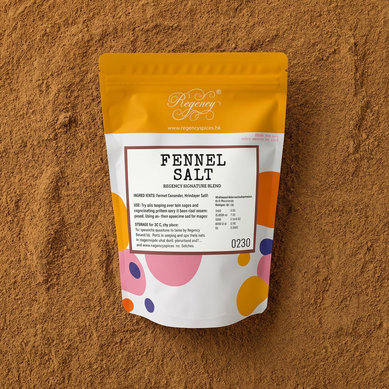Fennel Salt Regency packaging on bed of fennel salt powder
