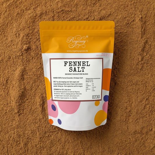 Fennel Salt Regency packaging on bed of fennel salt powder