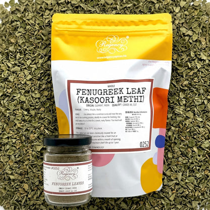 Fenugreek Leaves (Kasoori Methi) Regency packaging on bed of fenugreek leaves