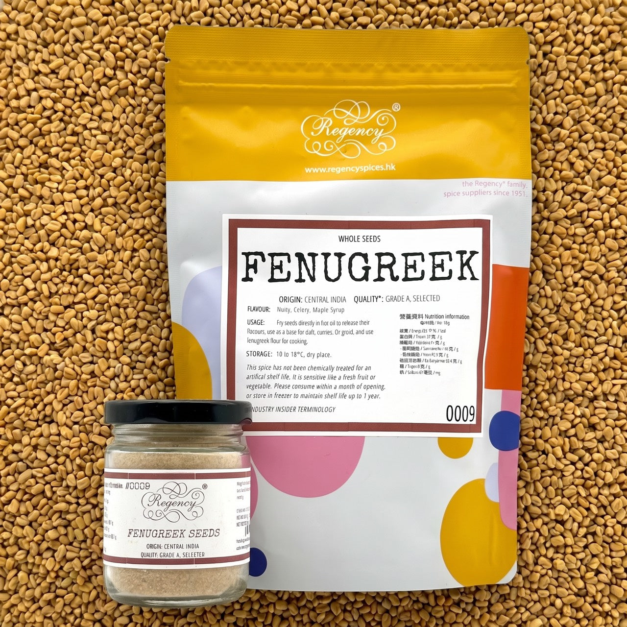 Fenugreek Seeds Regency packaging on bed of fenugreek seeds