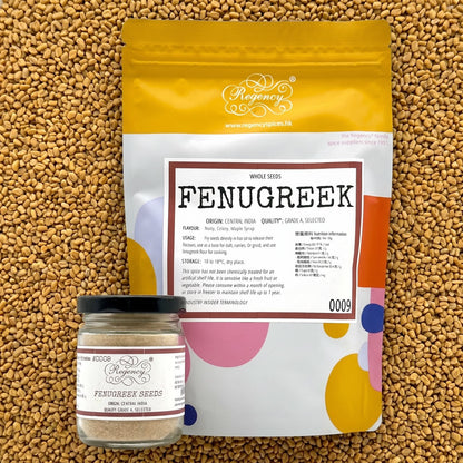 Fenugreek Seeds Regency packaging on bed of fenugreek seeds