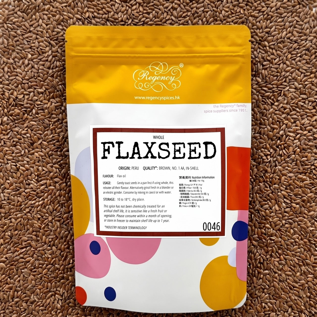Flaxseeds (Brown) Regency packaging on bed of flaxseeds