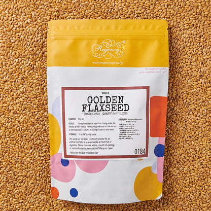 Flaxseeds (Golden) Regency packaging on bed of flaxseeds