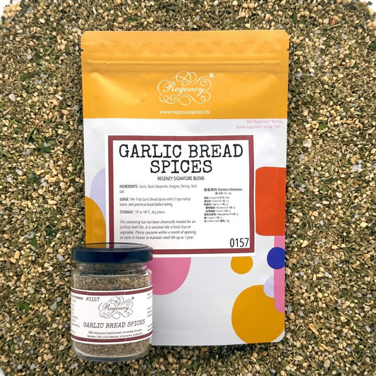 Garlic Bread Spices Regency packaging on bed of garlic bread spices