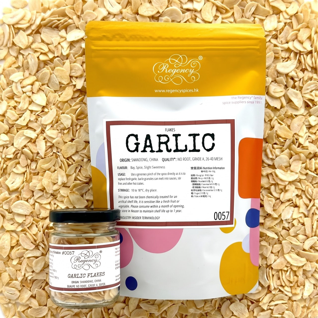 Garlic Flakes Regency packaging on bed of garlic flakes