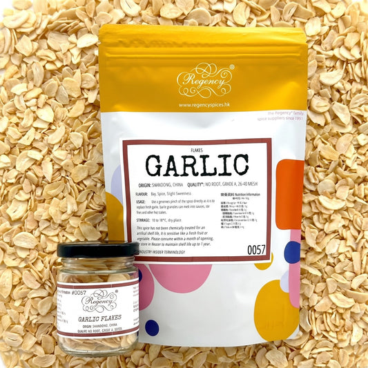 Garlic Flakes Regency packaging on bed of garlic flakes