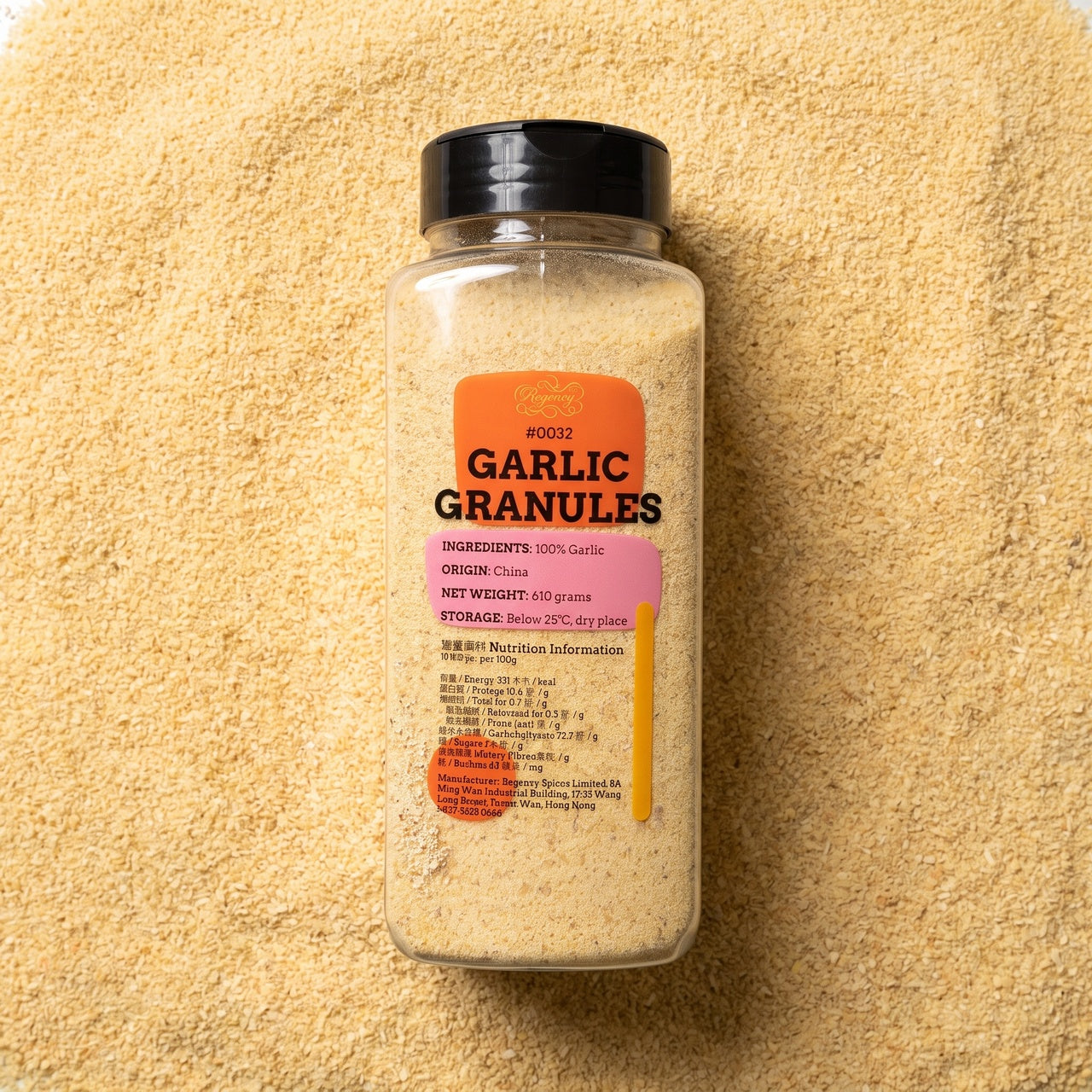 Garlic Granules jar on bed of garlic granules