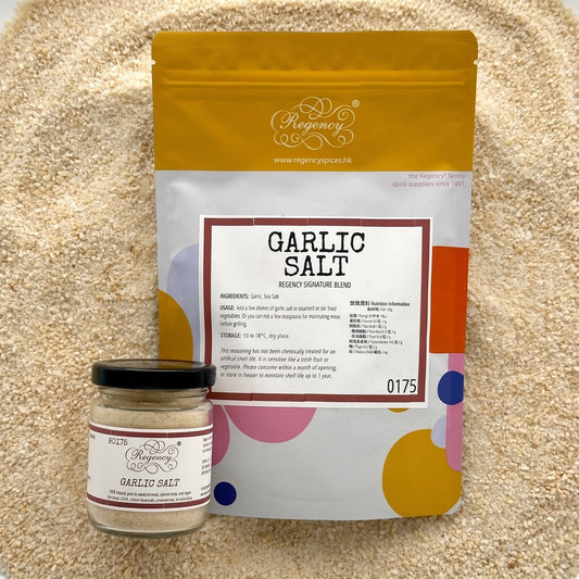 Garlic Salt Regency packaging on bed of garlic salt