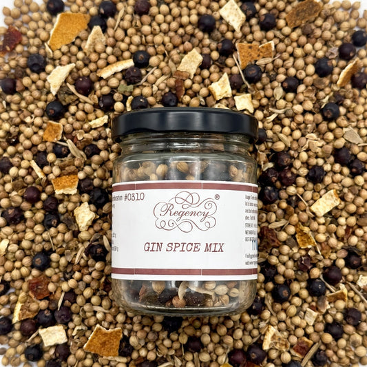 Gin Spice Mix Regency packaging on bed of gin spice mix