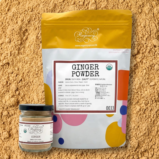 Ginger Powder Regency packaging on bed of ginger powder