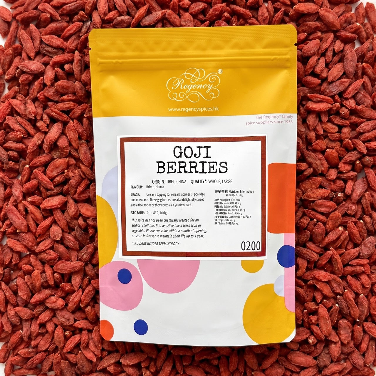 Goji Berries Regency packaging on bed of goji berries