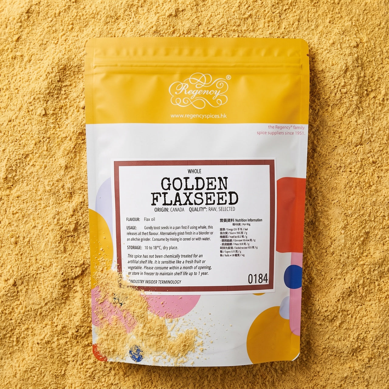 Flaxseeds (Golden) Powder - Regency Spices packaging on product bed