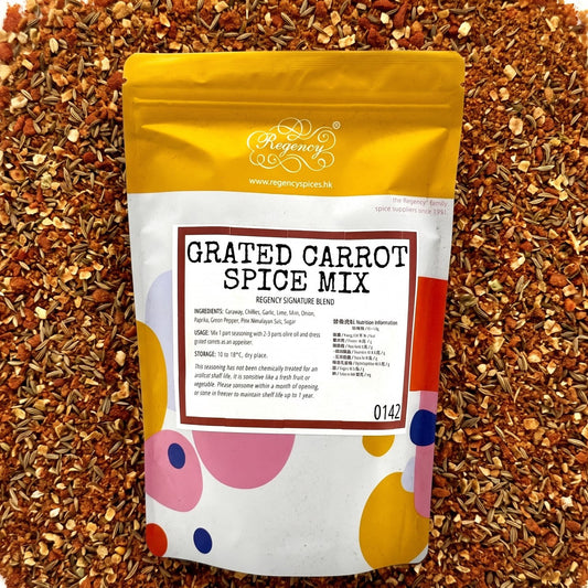 Grated Carrot Spice Mix Regency packaging on bed of grated carrot spice mix
