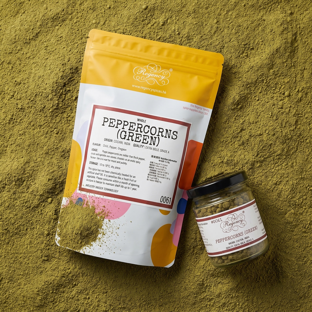 Green Peppercorn Powder - Regency Spices packaging on product bed