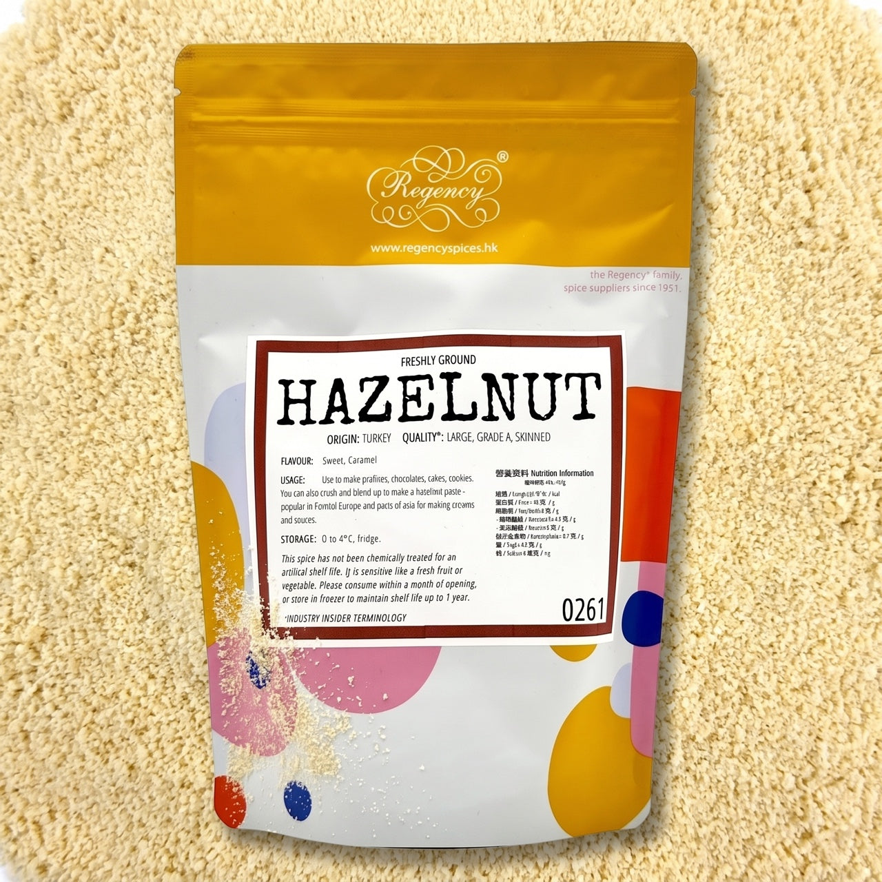 Hazelnut Flour - Regency Spices packaging on product bed