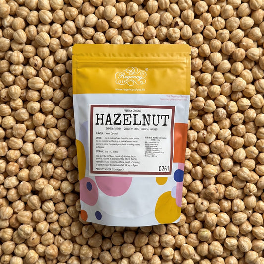 Hazelnuts (Skinned) Regency packaging on bed of hazelnuts