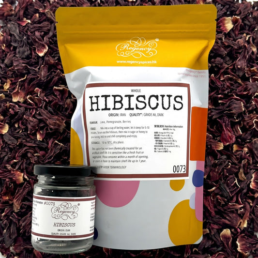 Hibiscus flowers Regency packaging on bed of hibiscus flowers