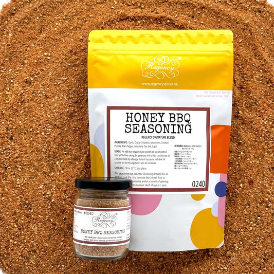 Honey BBQ Seasoning Regency packaging on bed of honey bbq seasoning