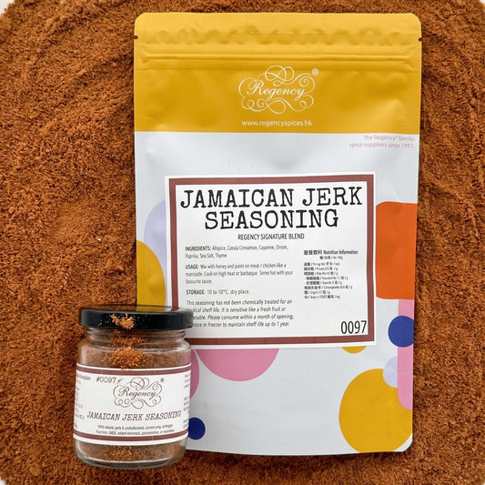 Jamaican Jerk Seasoning Regency packaging on bed of jamaican jerk seasoning