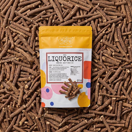 Liquorice root Regency packaging on bed of liquorice root