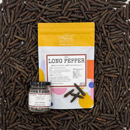 Long Pepper Regency packaging on bed of long pepper