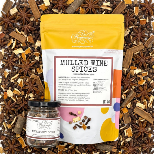 Mulled Wine Spices Regency packaging on bed of mulled wine spices