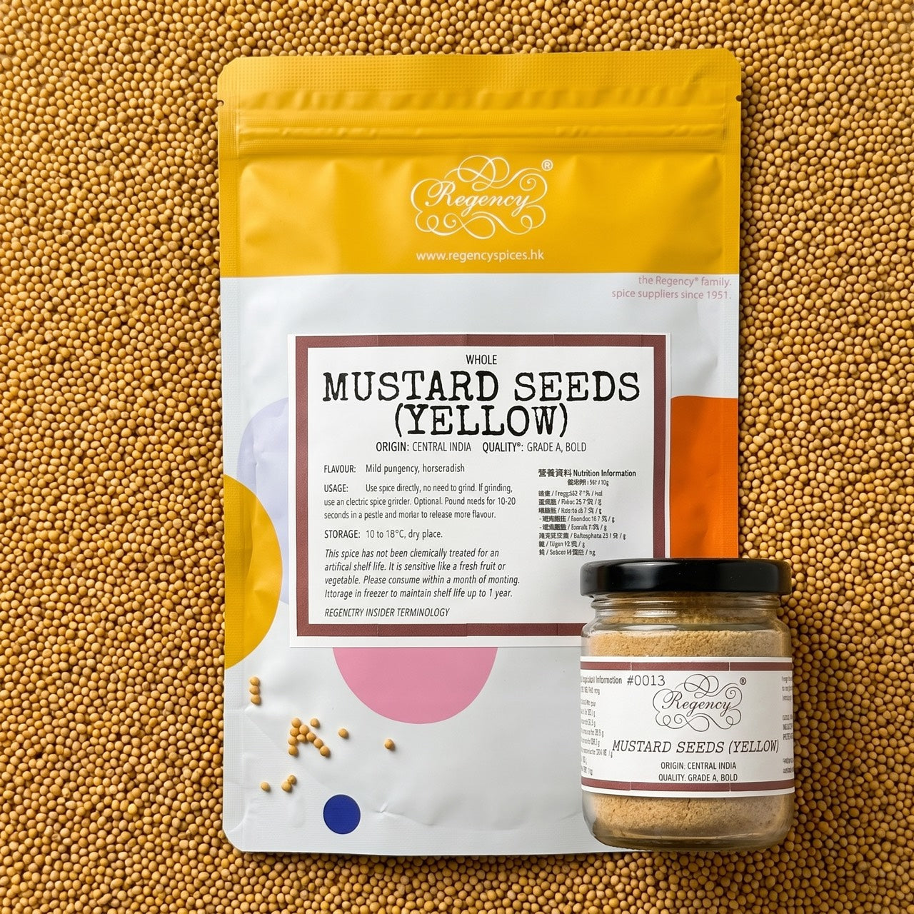 Mustard Seeds (Yellow) Regency packaging on bed of mustard seeds