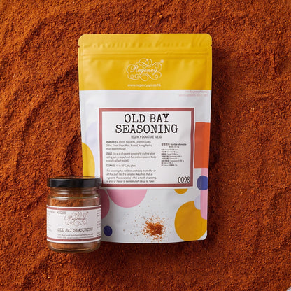 Old Bay Seasoning Regency packaging on bed of old bay seasoning