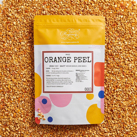 Orange Peel Granules Regency packaging on bed of orange peel granules