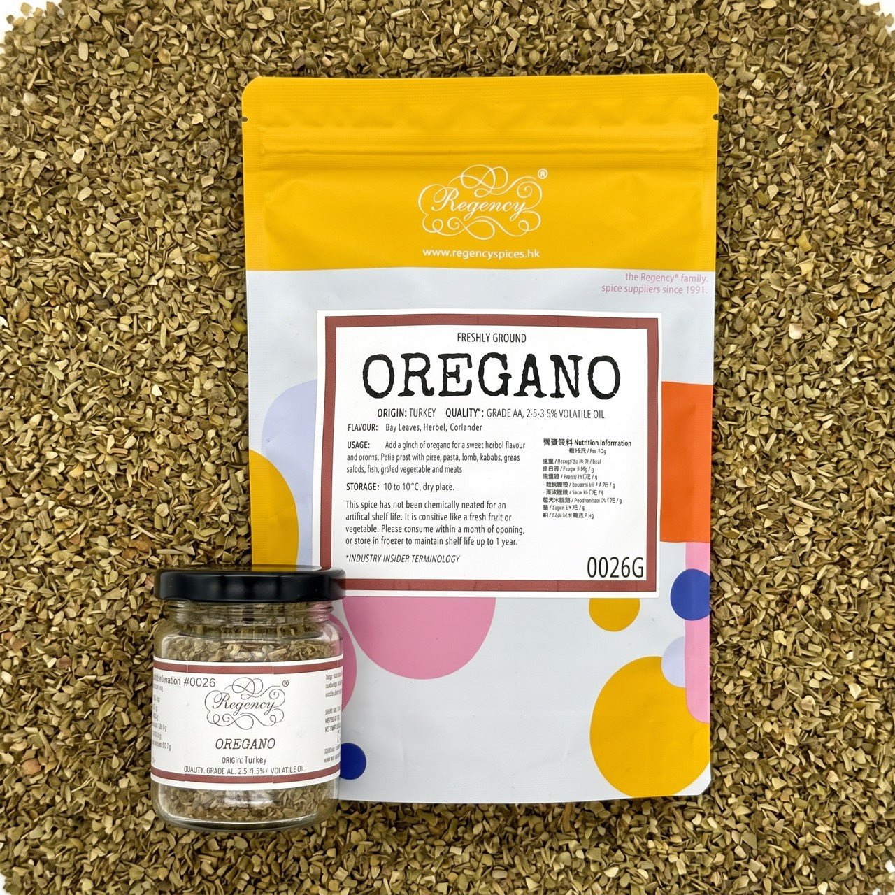 Oregano Flakes Regency packaging on bed of oregano flakes