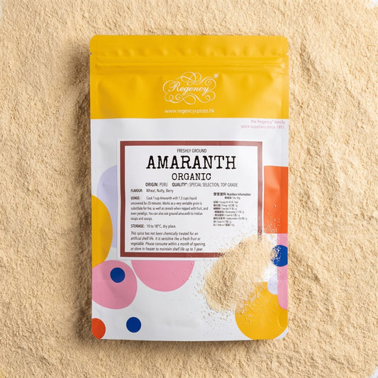 Organic Amaranth Flour - Regency Spices packaging on product bed