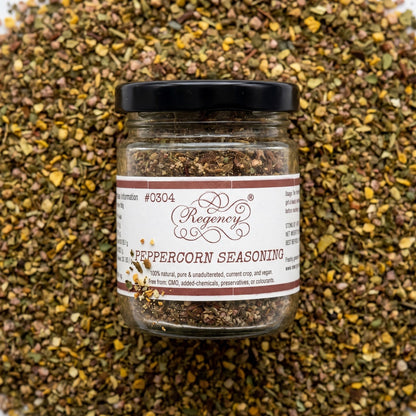 Peppercorn Seasoning Regency packaging on bed of peppercorn seasoning