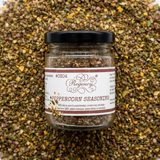 Peppercorn Seasoning Regency packaging on bed of peppercorn seasoning