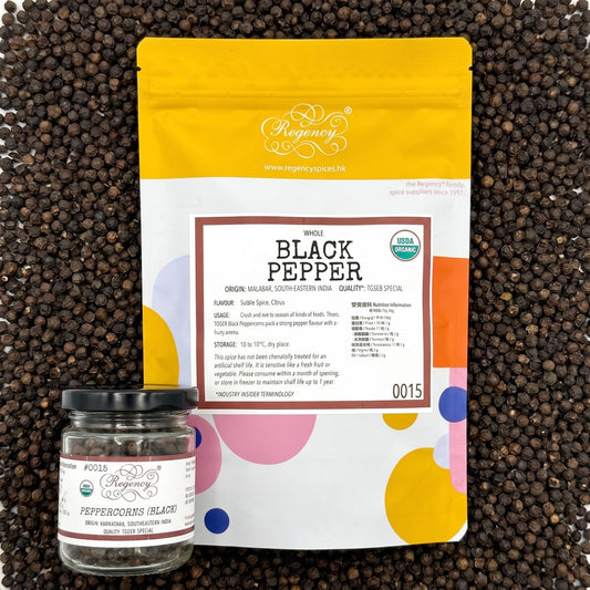 Peppercorns (Black, MALABAR) Regency packaging on bed of peppercorns