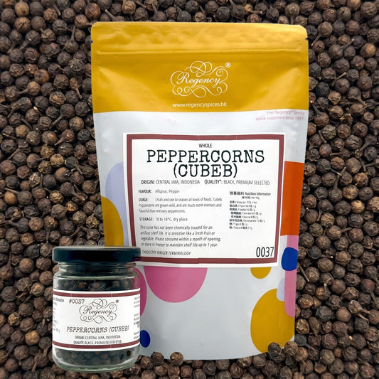 Peppercorns (Cubeb) Regency packaging on bed of peppercorns