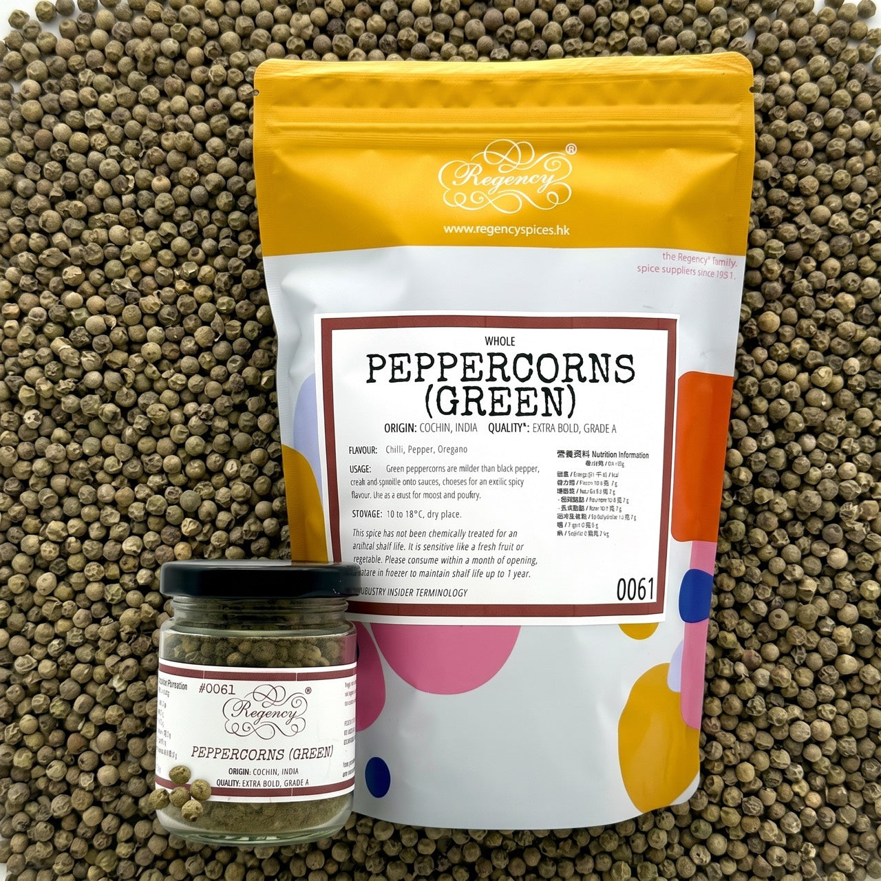 Peppercorns (Green) Regency packaging on bed of peppercorns