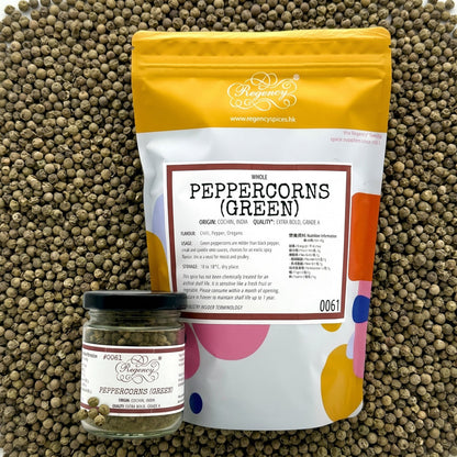 Peppercorns (Green) Regency packaging on bed of peppercorns
