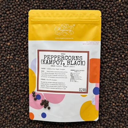 Peppercorns (KAMPOT, Black) Regency packaging on bed of peppercorns