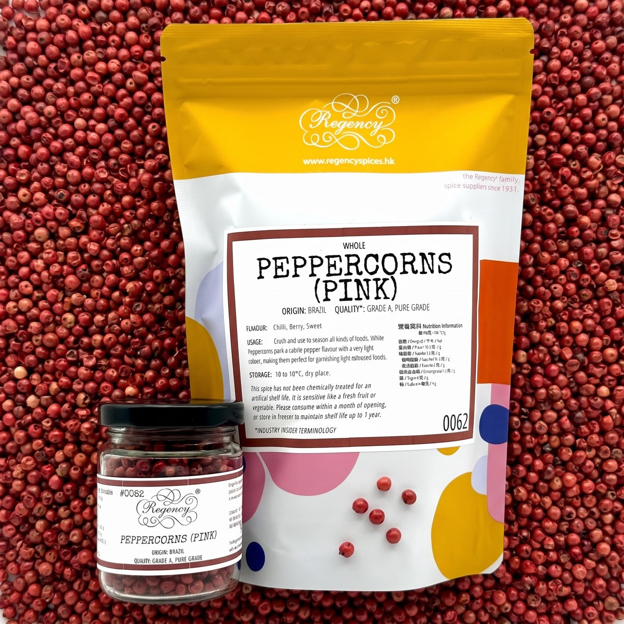 Peppercorns (Pink) Regency packaging on bed of peppercorns
