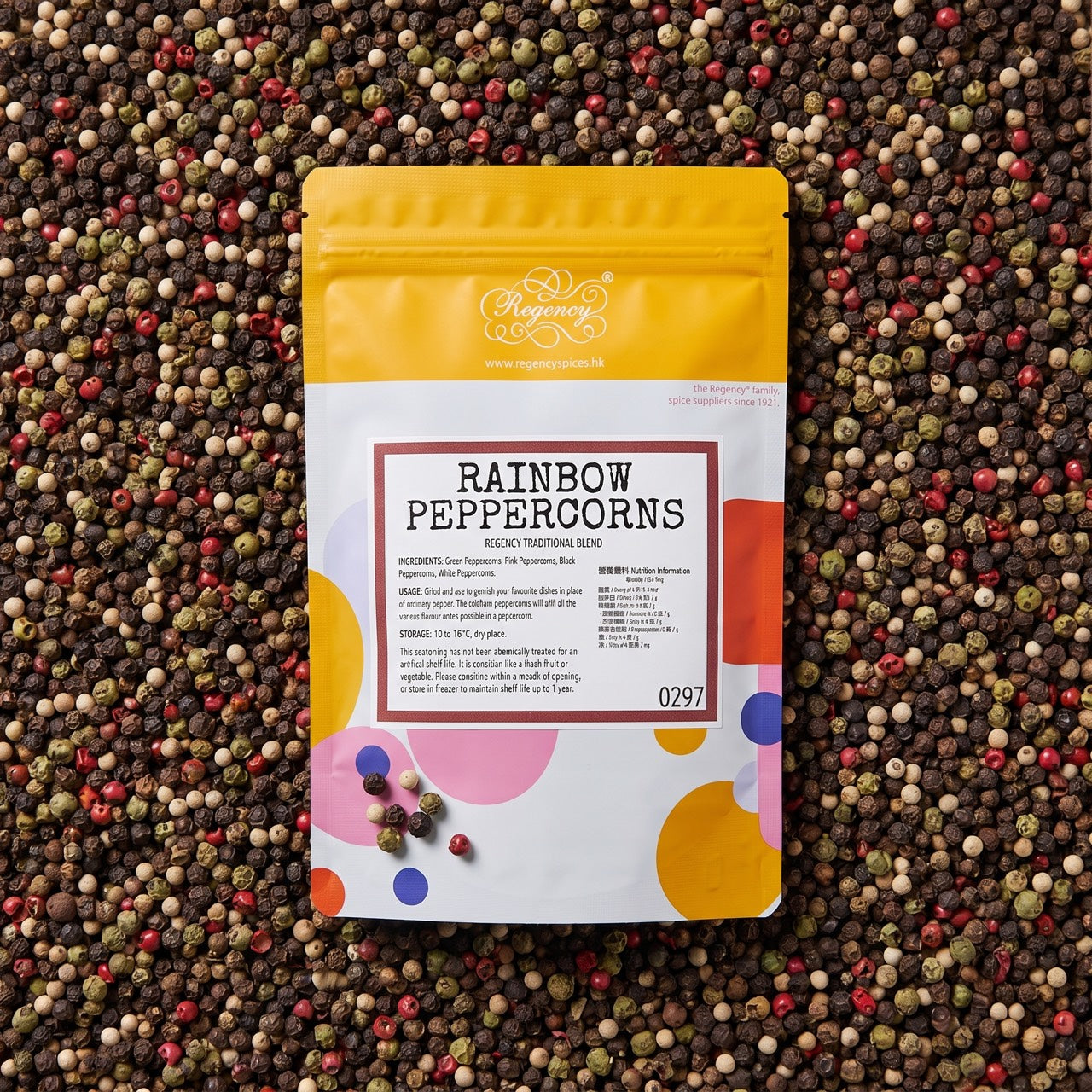 Peppercorns (Rainbow) Regency packaging on bed of peppercorns
